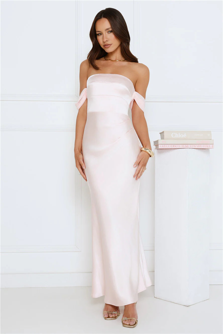 Hot Girl Diaries Off Shoulder Satin Maxi Dress Pink